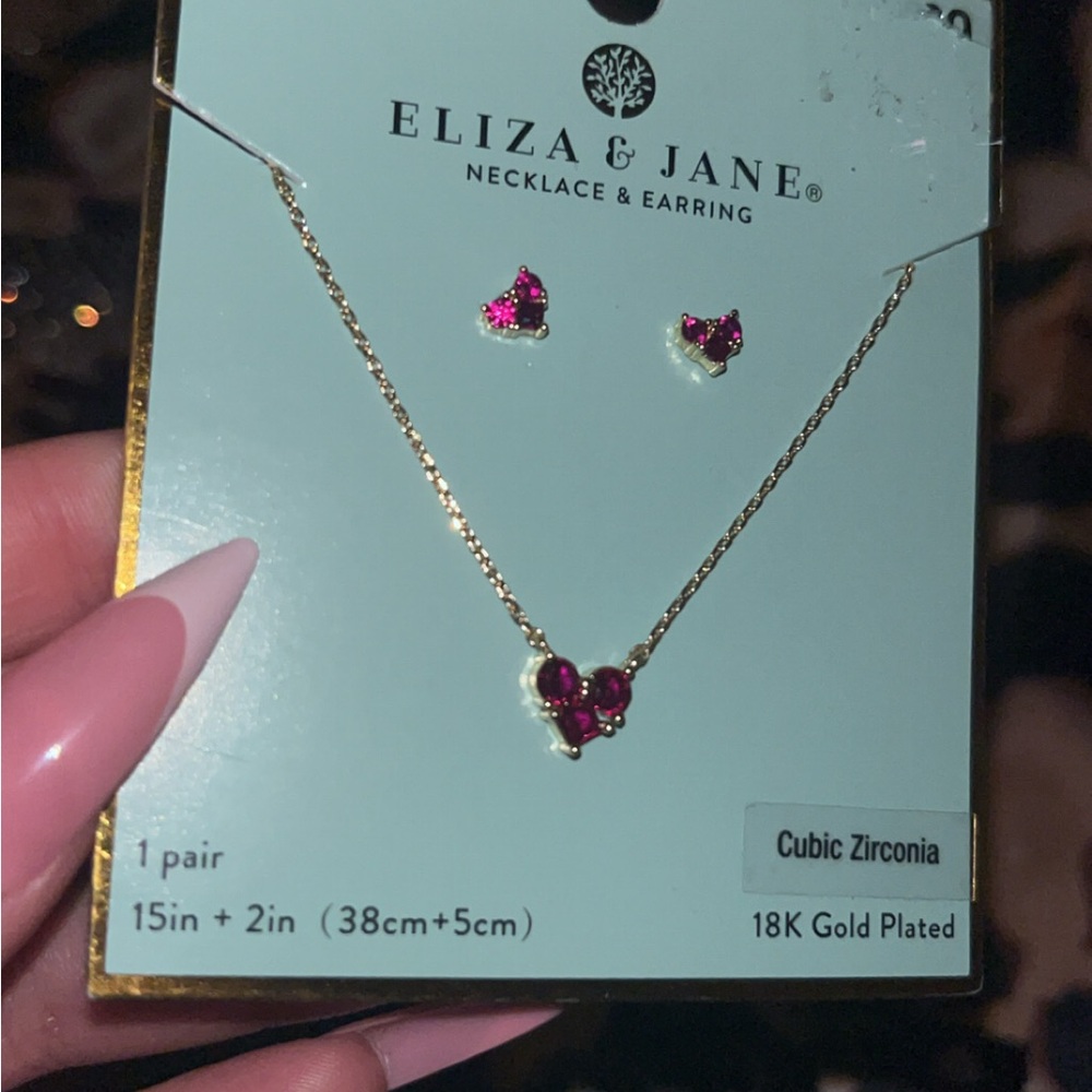 Gold Necklace and Earring Set with Pink Cubic Zirconia